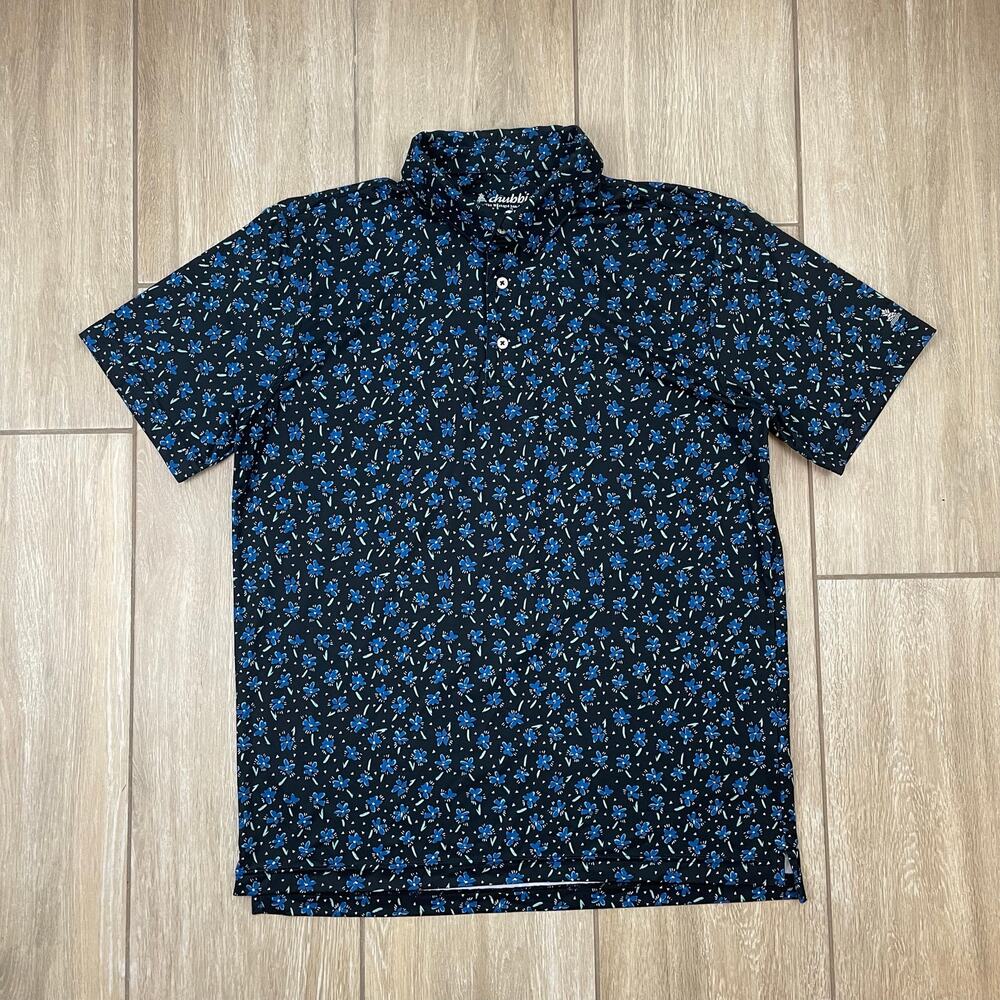Chubbies Polo Shirt Mens L Black Blue Floral Stretch Performance Golf Casual